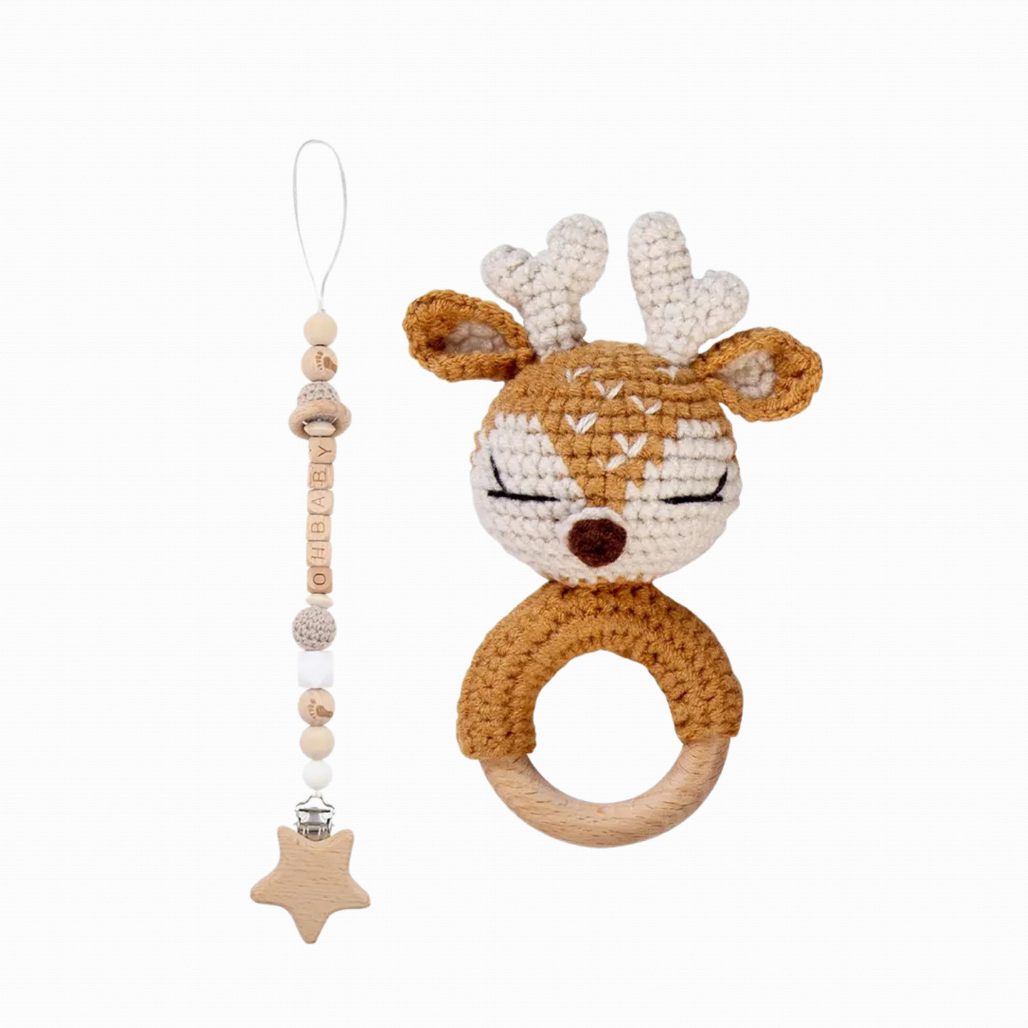 Reindeer Crocheted Rattle with wooden Pacifier Clip Set