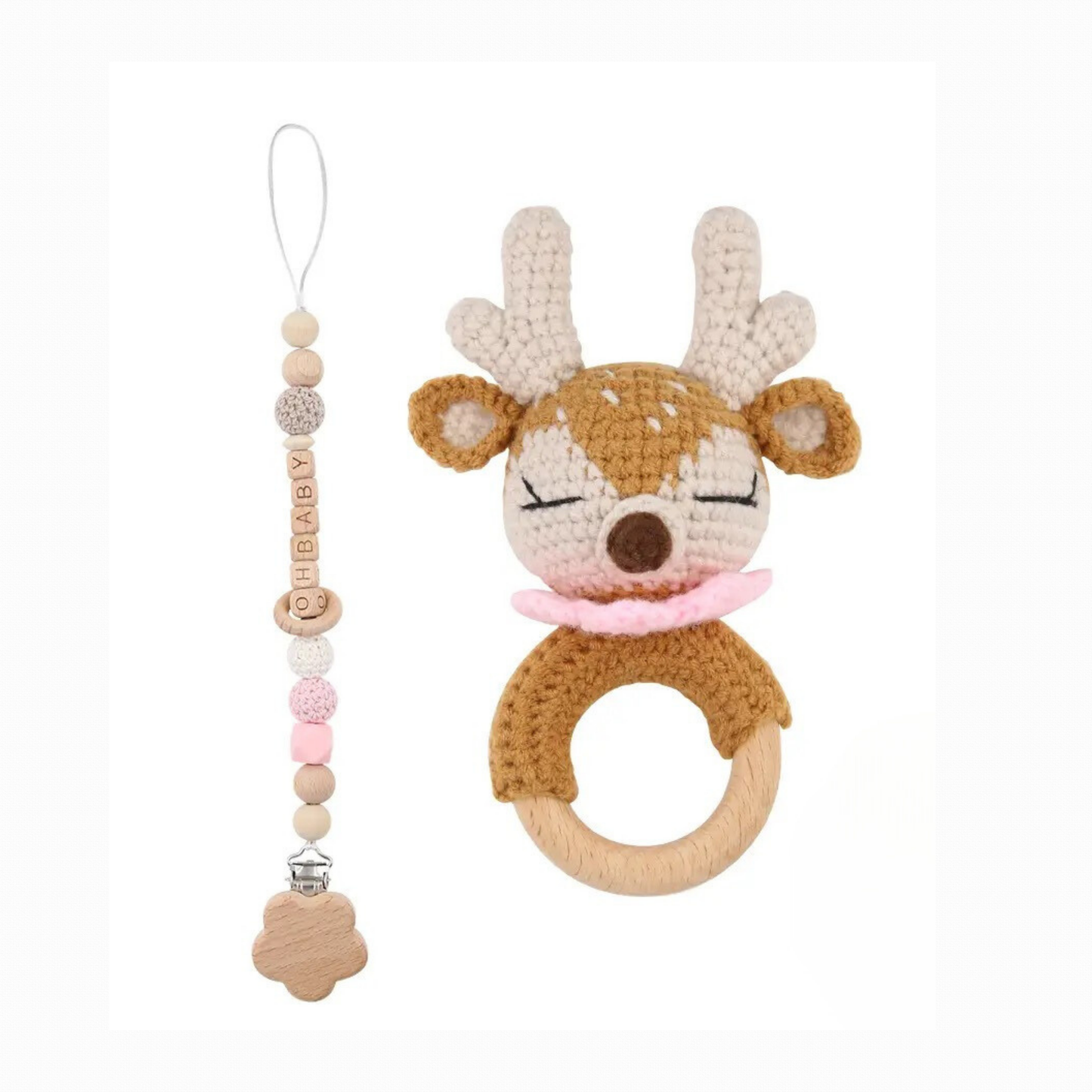 Reindeer Crocheted Rattle with wooden Pacifier Clip Set